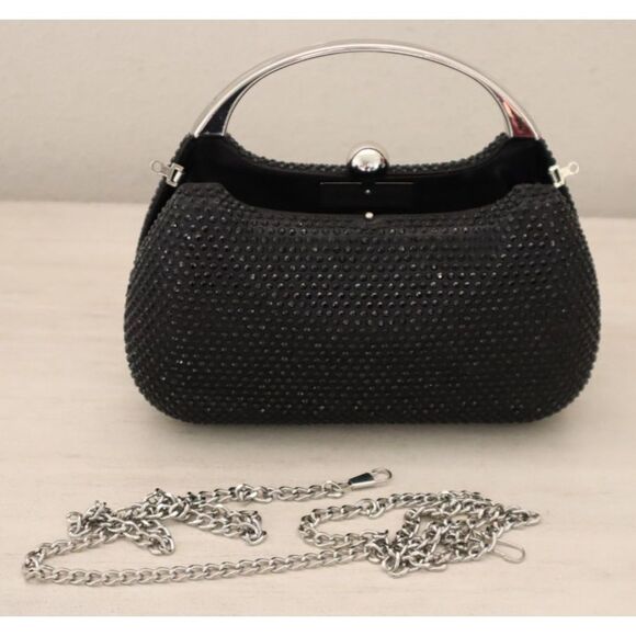 Nina Black Crystal Minaudiere w/Metal Handle & Detachable Drop-In Chain Strap - Picture 1 of 14
